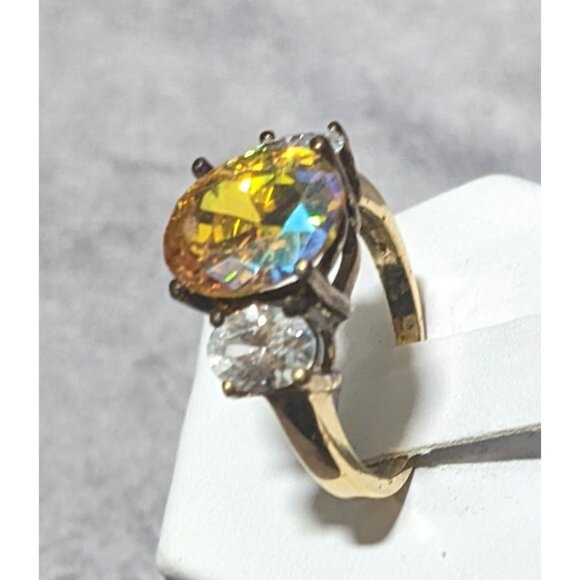 Brilliant Three Stone Sterling Silver Gold Tone Plated Engagement Ring Size 7 - Picture 8 of 16